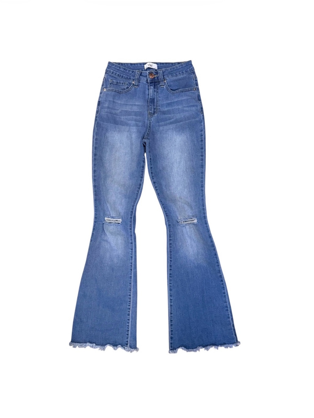 YMI Jeans Women’s Size 3/26 High Rise Flare Jeans Distressed Raw Hem Medium Wash